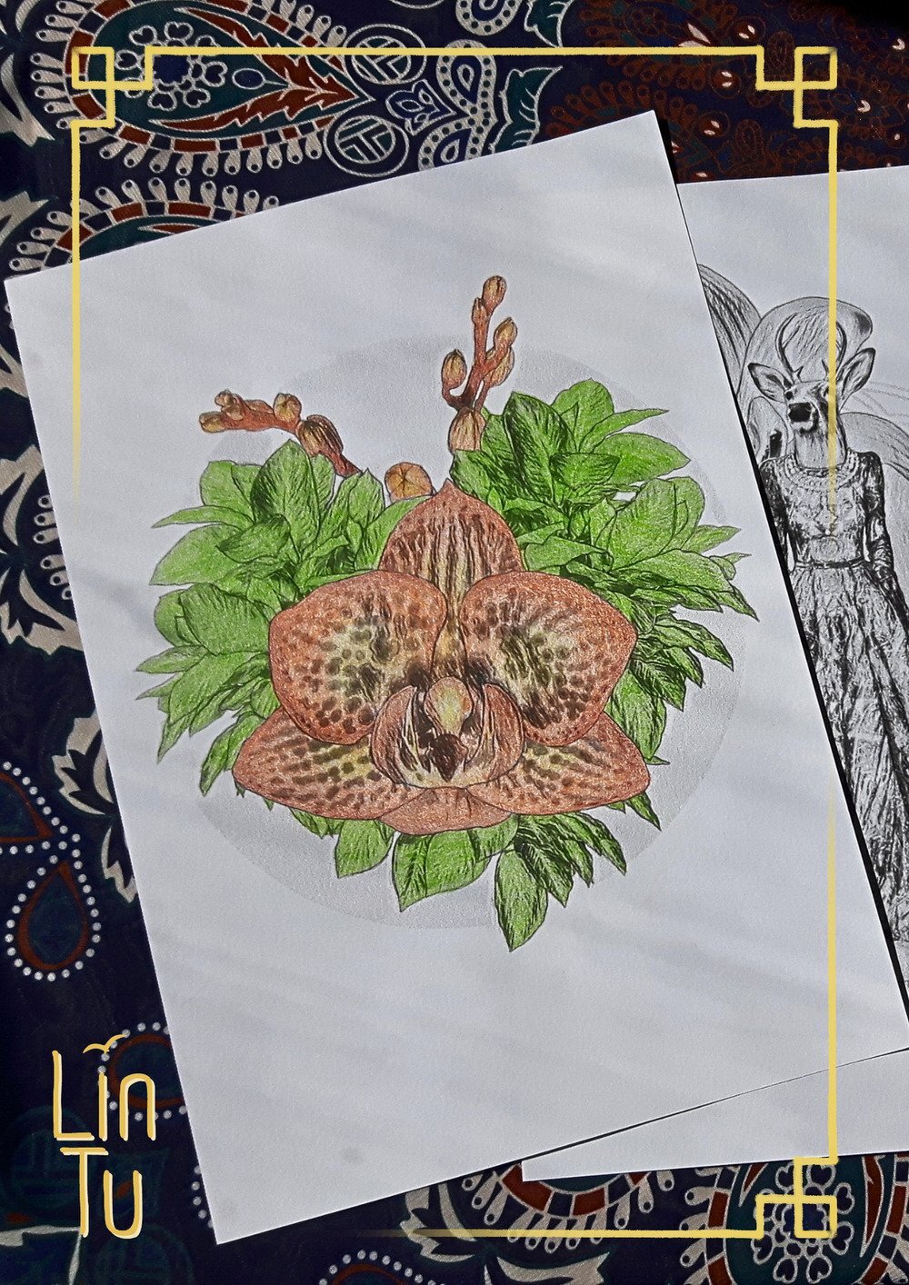 Two coloring pages on dark, patterned surface. The page on top is a colored and has orchid themed, below a partial deer design. The Deer Orchid coloring pages are designed by LinTu.studio
