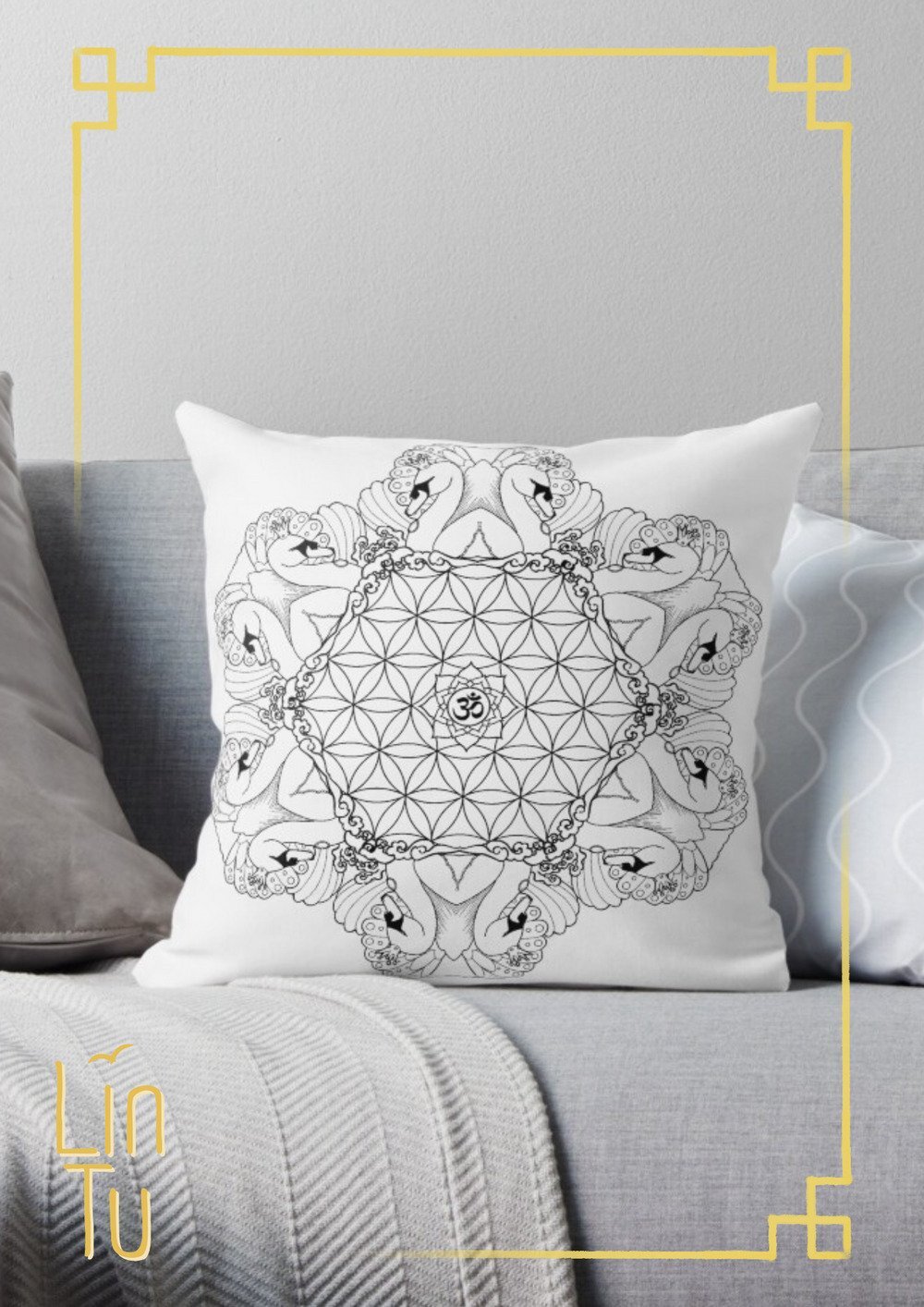 An image of a throw pillow with Swan Mandala clipart. The mandala design is by LinTu.studio