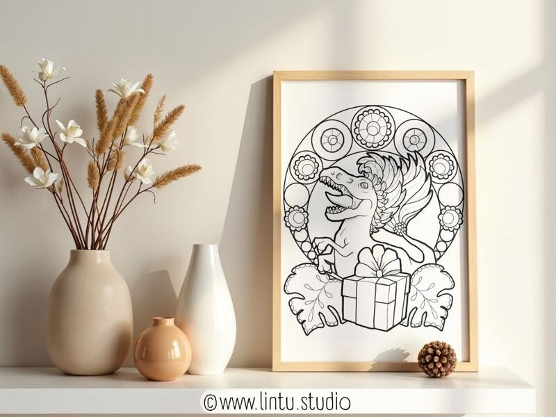 Gift-o-saurus coloring page framed